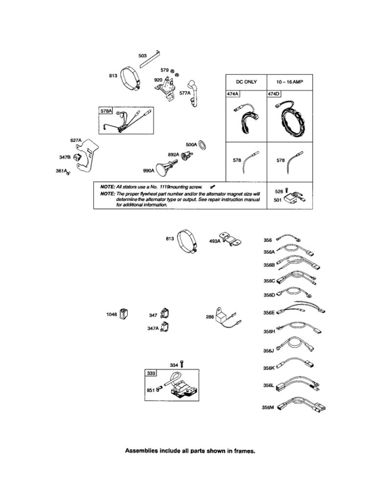 Alternator/Wires Diagram and Parts List for 210300 0035-1142 Briggs and Stratton Engine